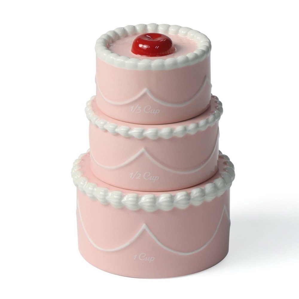 BULLSEYE PLAYGROUND NWT 3pc ceramic figural cake measuring cup set -pink/red